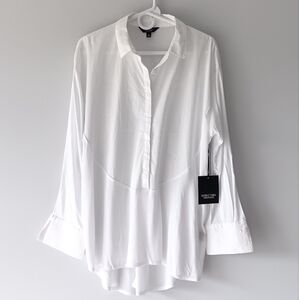 New Vera Wang Autumn Romance Long Sleeve Collared Blouse Bright White Large